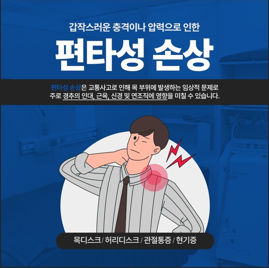 편타성손상 설명 - 교통사고로 목부위에 발생하는 임상적 문제. 주로 경추 쪽 인대·근육·신경·연조직에 영향을 줌