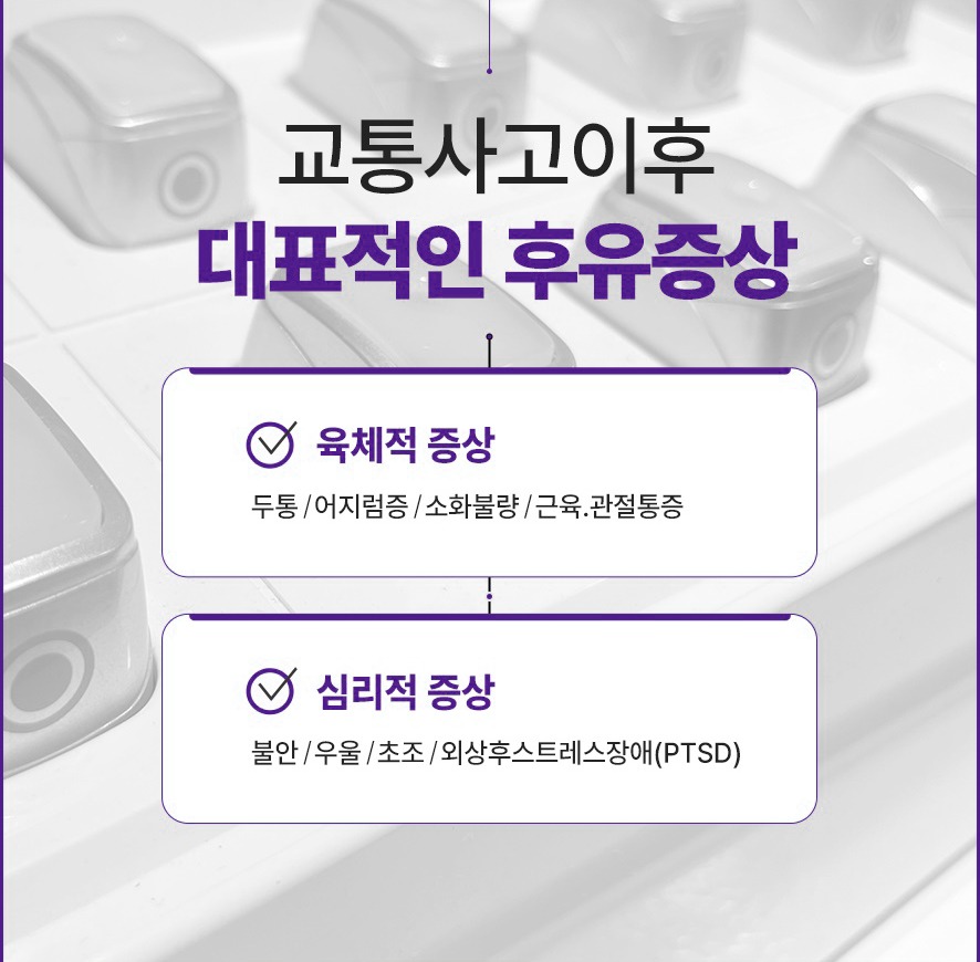대표적 후유증 - 육체적 증상(두통·어지럼·소화불량·근육및관절통증)과 심리적증상(불안·우울·초조·외상후스트레스장애)
