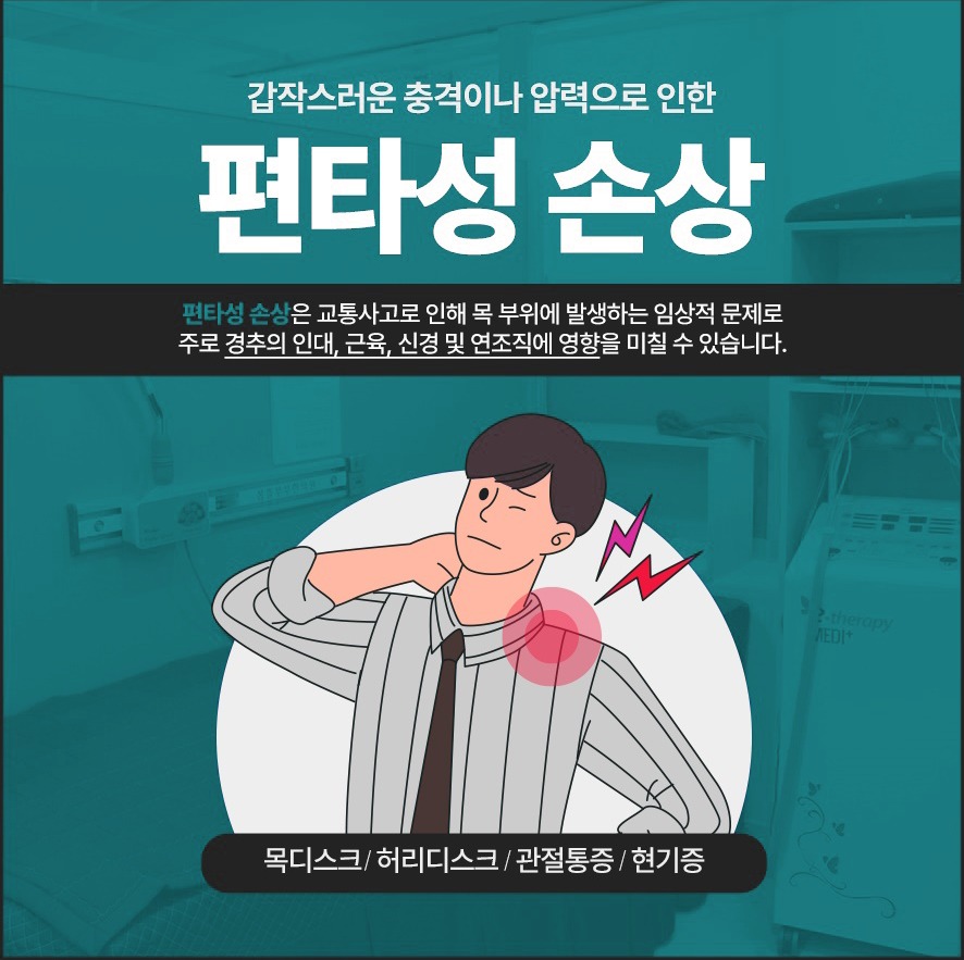 편타성손상 설명 - 교통사고로 목부위에 발생하는 임상적 문제. 주로 경추 쪽 인대·근육·신경·연조직에 영향을 줌