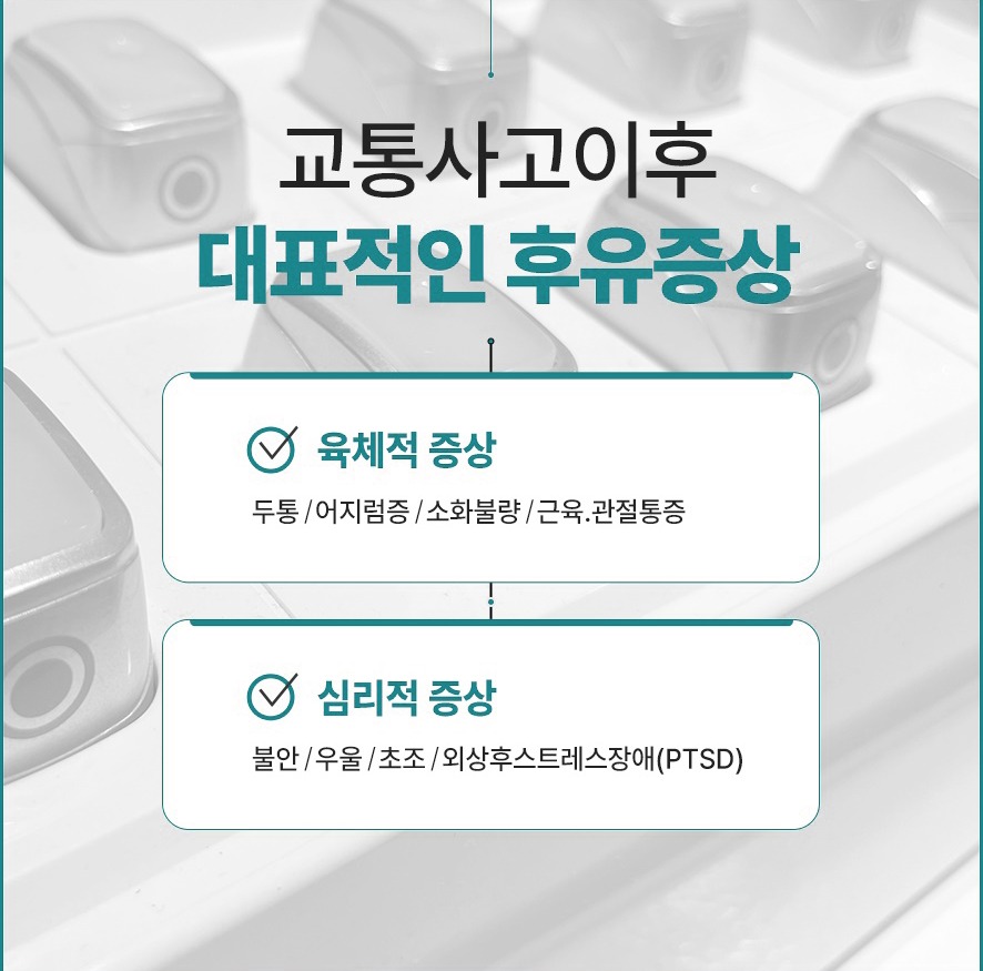 대표적 후유증 - 육체적 증상(두통·어지럼·소화불량·근육및관절통증)과 심리적증상(불안·우울·초조·외상후스트레스장애)