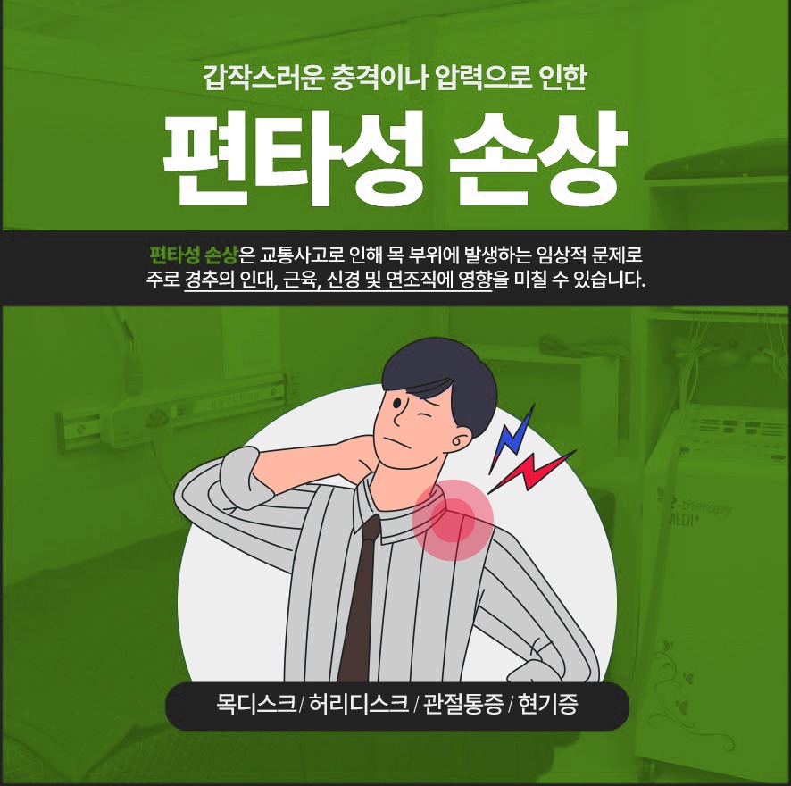 편타성손상 설명 - 교통사고로 목부위에 발생하는 임상적 문제. 주로 경추 쪽 인대·근육·신경·연조직에 영향을 줌