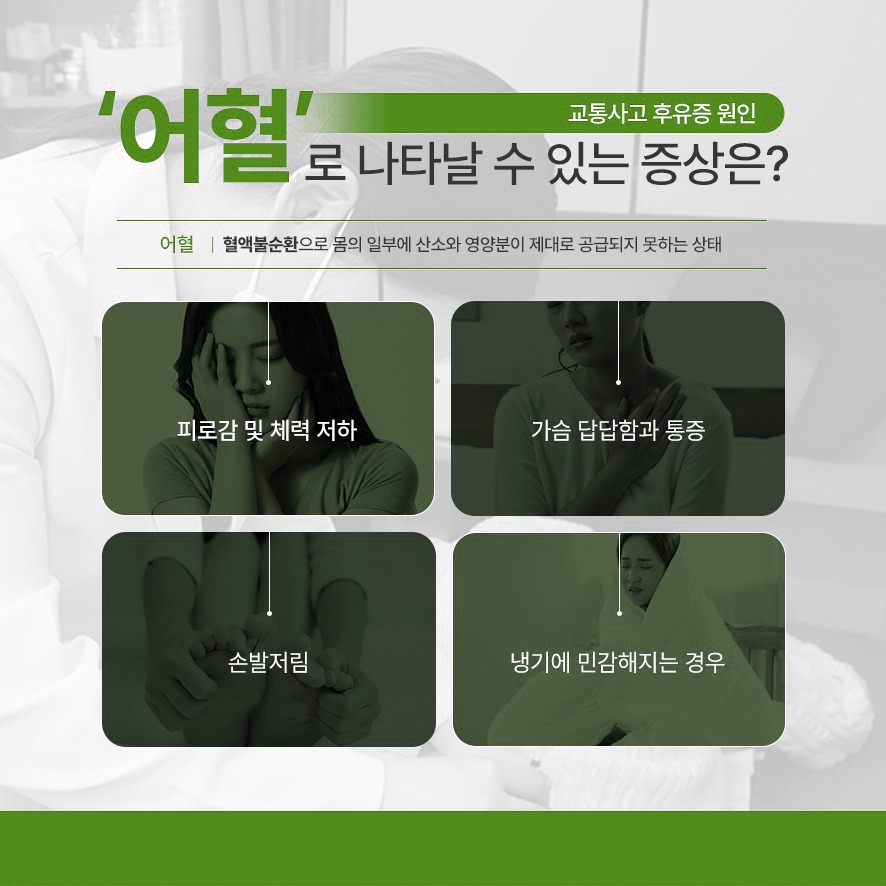 어혈정의(혈액불순환으로 몸에 산소 및 영양공급이 제대로 되지 않는 상태)와 이로 인한 증상-피로감·체력저하·가슴답답·통증·손발저림·냉기에민감